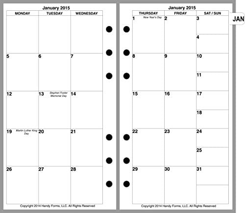 2015 Monthly Planner for the Filofax Personal Notebook, 4 Pages Per Month. No Lines.