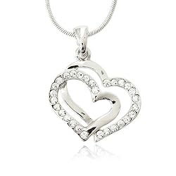 Silver Crystal Double Heart Charm Pendant Necklace