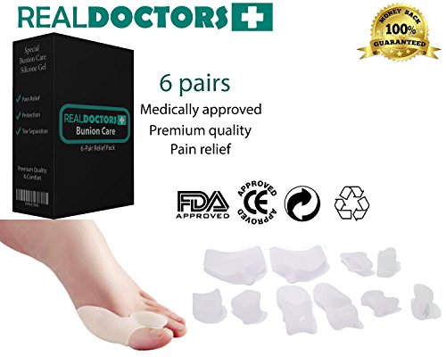 Hallux Valgus Bunion Relief 12 Piece Kit, Treat Foot Pain, Bunion, Pain in Big Toe Joint, Tailors Bunion. Including Toe Separators,Ball Foot Pain, Bunion Corrector 6 Pairs Bunion Pads.