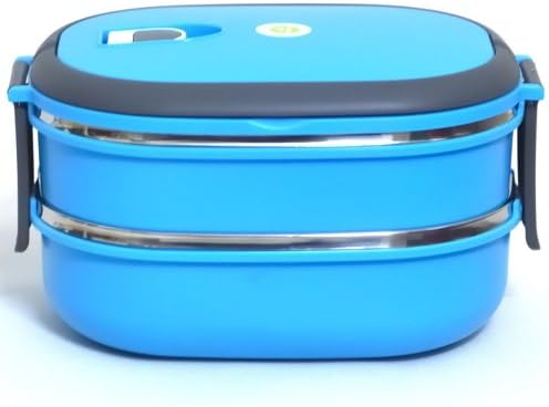 HMOMI Stainless Steel Interior Two Tier Stacking Lunch Box with Vacuum Seal Lid Bento Lunch Box Containers With Handle (For Kids,Work,School)- A best Choice for Sandwiches and Fruit Salads (2 layer, Blue)