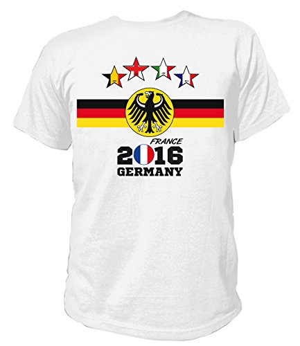 Artdiktat Herren Deutschland Fan T-Shirt – 4 Sterne Europameister 2016 Frankreich – Trikot Ersatz – inkl. Wunschname und Nummer S – 5XL Größe XL, weiß