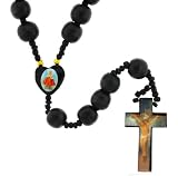 Black Rosary with Photographs - Crucifix with Photo of Jesus and Printed Image of Jesus - 12mm Black Wood Beads - 22'' in Length