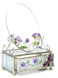 Butterfly & Flower Glass Jewelry Trinket Box with Mirror
