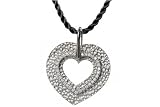 14K White Gold Hammered-Finish Heart Pendant, Enhanced with Pave Set Diamonds, Sliding on a Black Silk Cord Necklace with an 18K Yellow Gold Clasp.