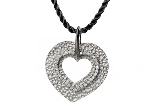 14K White Gold Hammered-Finish Heart Pendant, Enhanced with Pave Set Diamonds, Sliding on a Black Silk Cord Necklace with an 18K Yellow Gold Clasp.