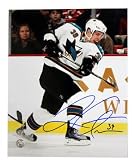 Logan Couture Autographed San Jose Sharks White Jersey Slap Shot Vertical 8x10 Photo (Frozen Pond Auth)