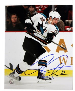 Logan Couture Autographed San Jose Sharks White Jersey Slap Shot Vertical 8x10 Photo (Frozen Pond Auth)