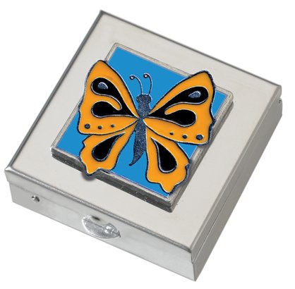 Orange Butterfly Small Pill Box - Polished w/Mirror