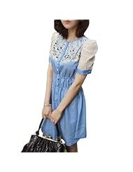 Polyester Round Neck Lace Beaded Short Sleeves Elasticized   Waistline Summer  Shirt  Dress