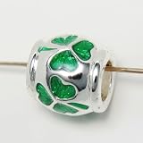 Green Shamrock with Heart Shaped Leaves Translucent Silver Plated Spacer Bead