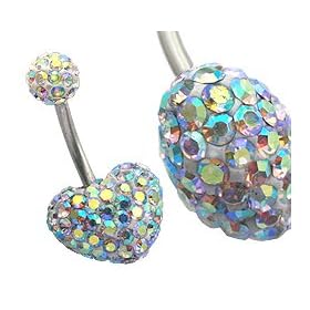 Piercing nombril en cristal Swarovski en forme de coeur - Fait ? la main - Tige en acier chirurgical 316L - 1.6mm x 10mm x boule en cristal aurore bor?ale de 6mm