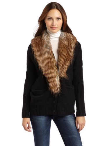Twelfth St. By Cynthia Vincent Women's Fur Collar Cardigan, Black, Petite