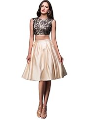 Cocktail Short Satin Sleeveless  Beaded Open-Back Belted Lace Bateau Neck Evening Dress/Homecoming Dress/Bridesmaid Dress/Pageant Dress/Prom Dress/Party Dress/Wedding Dress  With Rhinestones