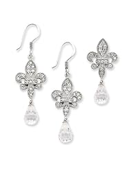 Sterling Silver Fleur De Lis CZ Earrings & Pendant Set