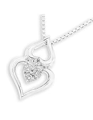 (X1000Diamond) 18K/750 White Gold Polished Finish 3 Stones Double Hollow Hearts Diamond Pendant W/925 Sterling Silver Chain (0.07 carats, G-H color, VS2-SI1 Clarity)