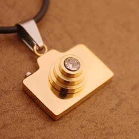 Cz Diamond Gold Camera Model Design Mens Pendant for Uni-sex on a Rubber Cord with Box J1128