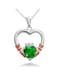 Simulated Emerald Rose Gold Plated Sterling Silver Claddagh Necklace