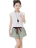 【TPGROWIN】 子供服 ブラウス ショート パンツ 上下 セット リボン フリル ベビー キッズ 女の子 かわいい 入園式 入学式 卒園式 綿麻 春 夏 全3色 (140, ホワイト)