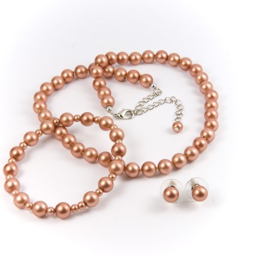 Coral Satin-Finish 8mm Glass Pearl Necklace, Bracelet and Earrings Set by Margot Townsend