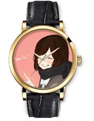 SPRAWL Aanalog Fashion Series Gold Ladies Watches of Genuine Black Leather Strap,Unique Wrist Watch for Women Girls Designed with Girl Smile