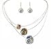 Necklace - N353 - 3 Hammered Circles with Spiral - Tri Color - Triple Strand Plated Metal + Matching Earrings