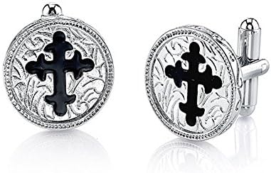 Symbols of Faith Silver Tone Black Enamel Cross Cuff Links