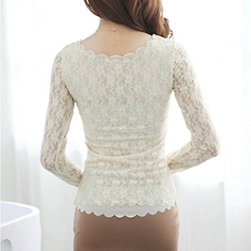 Womens Floral Lace Embroidery Pullover Long Sleeve Slim Tunics Blouse Shirt Tops (Beige)