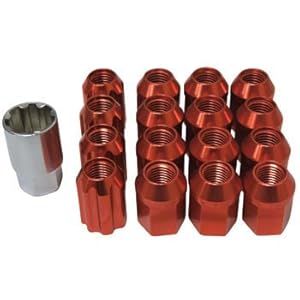 【クリックで詳細表示】軽合金ホイルナット、ロックセット 袋ナットタイプ4H アルマイト赤 M12×P1.5×19H