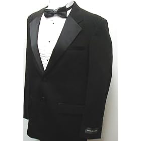 New Mens Fashionable Black Two Button Tuxedo – Five Pieces (5pc) – Includes Jacket, Pants, Shirt, Satin Bow Tie, and Cummerbund! thumbnail