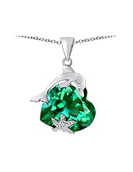 Original Star K (tm) Lucky Dolphin and StarFish Pendant with Heart Shape Simulated Emerald in 925 Sterling Silver