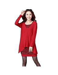 Plus Size Striped Print Cotton/Polyester Lace  Shirt  Dress