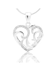 Chuvora .925 Sterling Silver Filigree Charms Heart Shape With Clear CZ Pendant Necklace 18", Fashion Jewelry for Women, Teen, Girl