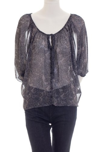 Must Have Rose Lace Print Key Hole Tie Boat Neck Dolman Sleeve Sheer Chiffon Blouse Top Navy Large