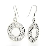 Round Greek Key Geometric Circle Sterling Silver Hook Earrings