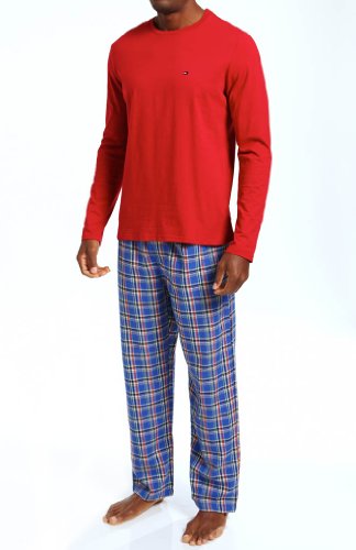 Tommy Hilfiger Men's French Blue Plaid Pajama Gift Set with Long Sleeve Tee