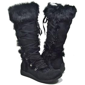 MINK Lace Up Fur Suede Flat Winter Boots Black