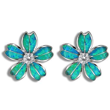 Blue Opal Hawaiian Plumeria Flower CZ Stud Earrings