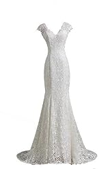 Sexy V-neck Lace Cap Sleeves Mermaid Wedding Party Dress 