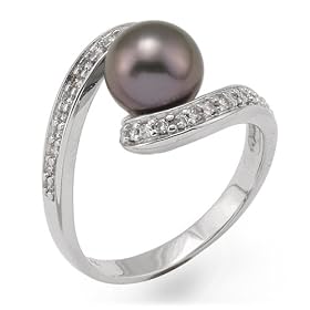 Tahitian Black Pearl Ring with Diamond in 14K White Gold by Maui Divers of Hawaii