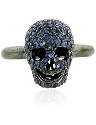 Blue Sapphire Skull Charm Ring .925 Sterling Silver Handmade Jewelry