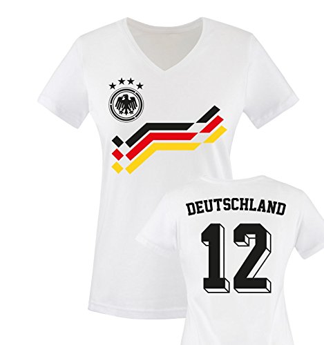 EM 2016 – RETRO-TRIKOT – DEUTSCHLAND – 12 – Damen V-Neck T-Shirt – Weiss / Schwarz-Rot-Gelb Gr. XL