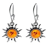 Certified Genuine Honey Amber and Sterling Silver Flaming Sun Hook Earrings