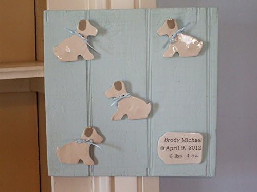 Personalized Puppy Nursery Decor, Porcelain Puppies with Brown Ear, Personalized Tag with Baby's name, birthday, and weight