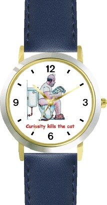 Cat Caught Under Toilet Seat - Cat Cartoon or Comic - JP Animal - WATCHBUDDY® DELUXE TWO-TONE THEME WATCH - Arabic Numbers - Blue Leather Strap-Size-Children's Size-Small ( Boy's Size & Girl's Size )