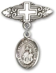 Sterling Silver Baby Badge with Our Lady of Consolation Charm and Badge Pin with Cross
