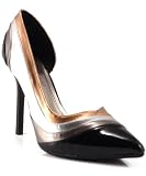Anne Michelle Sensuous-21 Pointy Toe Metallic Patent Pump BLACK