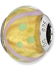 Sterling Silver s Pink Lines/green Dots Italian Murano Bead by Reflection Beads, Best Quality Free Gift Box Satisfaction Guaranteed