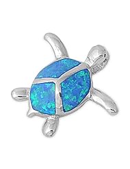Blue Lab Opal Sea Turtle Pendant and Necklace in Sterling Silver
