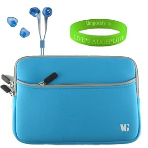 Perfect Fitting Blue Neoprene Sleeve with Pocket Designed for Motorola Xoom + VanGoddy Live*Laugh*Love Wristband and Compatible Blue Headphones