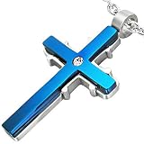 Stainless Steel Anodised Blue Cross Pendant With CZ & Chain - Length 50cms